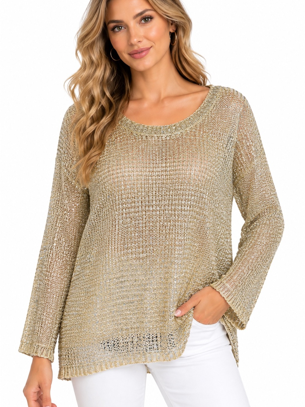 Chaundry Metallic Knit Scoop-Neck Sweater - Gold